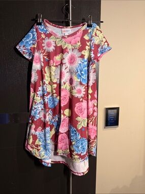 LuLaRoe Girls' Floral Swing Dress - Pink, Blue & Yellow on Burgundy